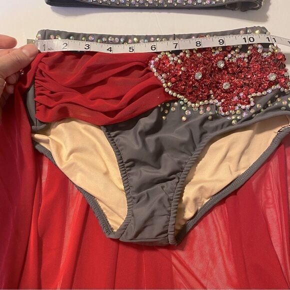 Glamour solo 2 piece dance costume red gray lyrical embellished bling XLC child - Picture 5 of 14